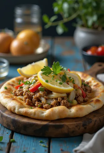 Klasszikus Lahmacun friss tésztával és fűszeres húsos töltelékkel tálalva