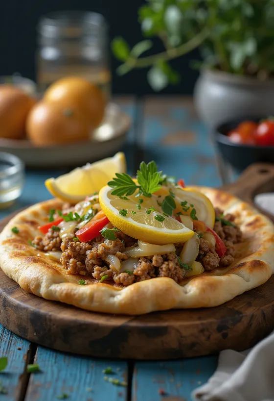 Klasszikus Lahmacun friss tésztával és fűszeres húsos töltelékkel tálalva