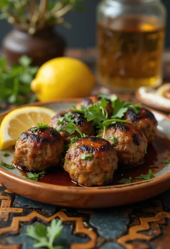 Kofta fűszeres bárányhússal, grillezett bárányhús golyókkal és petrezselyem díszítéssel
