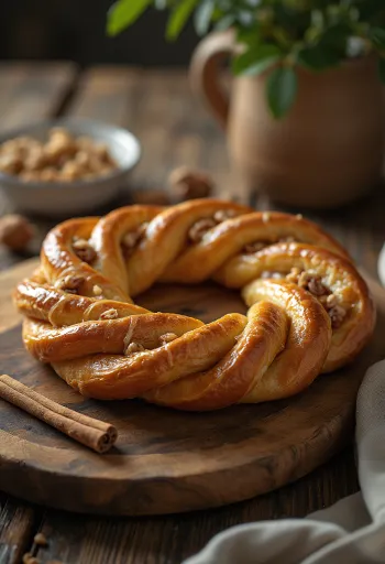 Kringle teljes kiőrlésű liszttel fonott formában, aranybarnára sütve tálalva