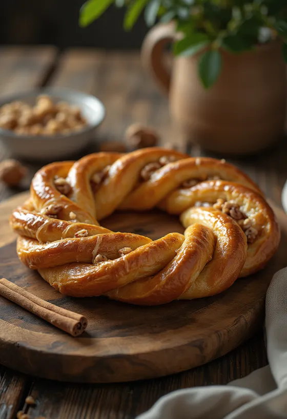 Kringle teljes kiőrlésű liszttel fonott formában, aranybarnára sütve tálalva