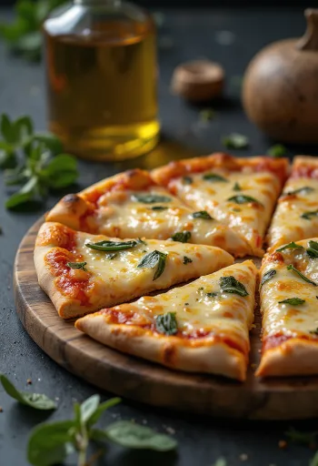 Margherita pizza szarvasgombás olajjal tálalva