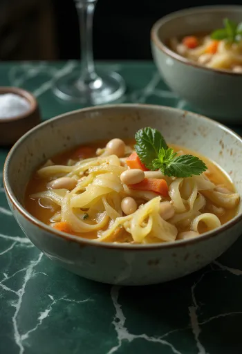 Minestrone kelkáposztával, zöldségekkel és tésztával tálalva