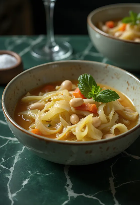 Minestrone kelkáposztával, zöldségekkel és tésztával tálalva