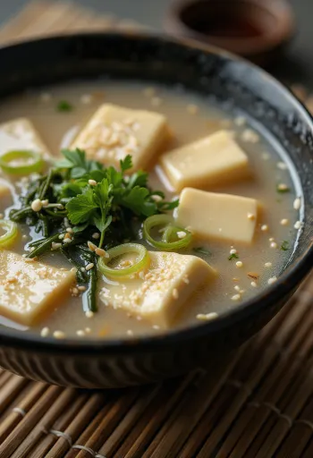 Miso leves tofuval, friss korianderrel és szezámmaggal díszítve