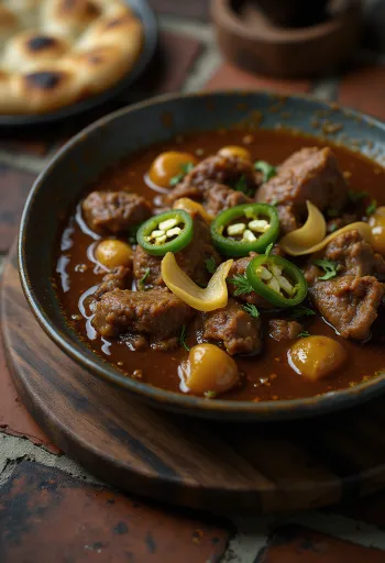 Nihari bárányhússal tálalva főtt tojással és friss korianderrel