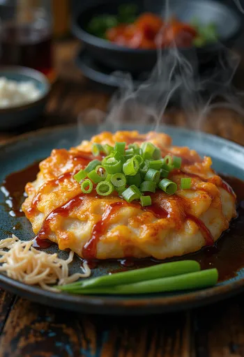 Chili olajjal készült okonomiyaki tálalva, okonomiyaki szósszal és bonito pelyhekkel