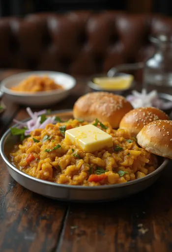 Pav Bhaji extra vajjal, ropogós zsemlével tálalva