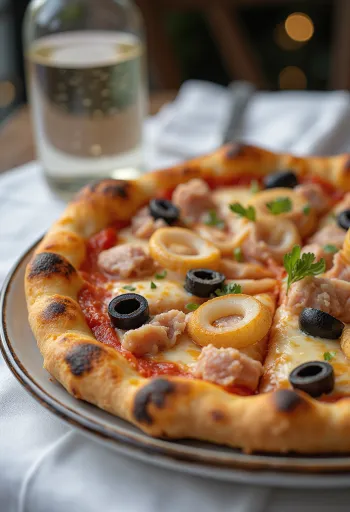 Tonhalas pizza vöröshagymával és fekete olívabogyóval