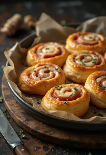 Frissen sült pizzás csiga olvadt sajttal és paradicsomos szósszal töltve, tányéron tálalva.