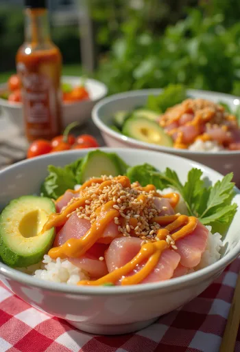 Poké bowl friss tonhallal, avokádóval, szezámmaggal és sriracha szósszal tálalva
