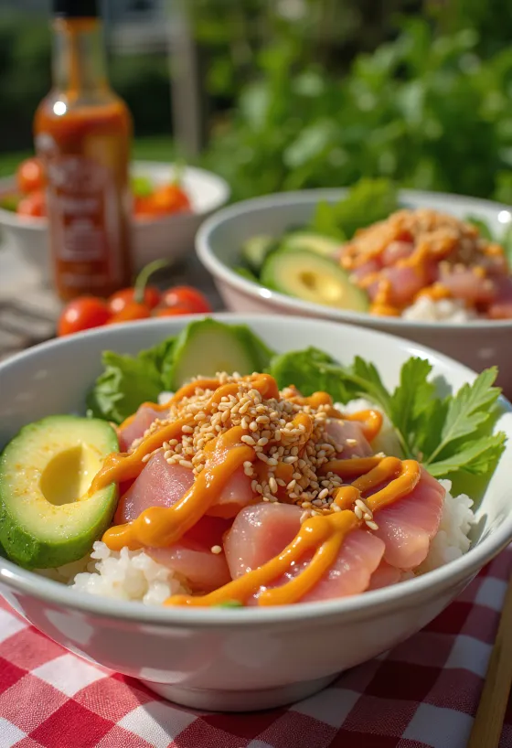 Poké bowl friss tonhallal, avokádóval, szezámmaggal és sriracha szósszal tálalva