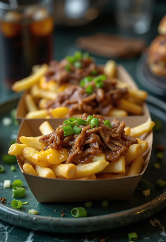 Poutine pulled porkkal kanadai stílusban tálalva