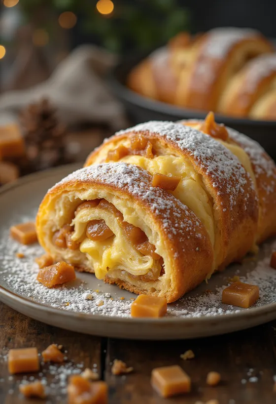 Ropogós karamellás Stollen szeletelve, porcukorral meghintve