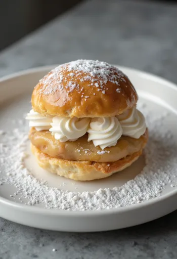 Semla marcipános változat, porcukorral megszórt tejszínes sütemény rusztikus tálalásban