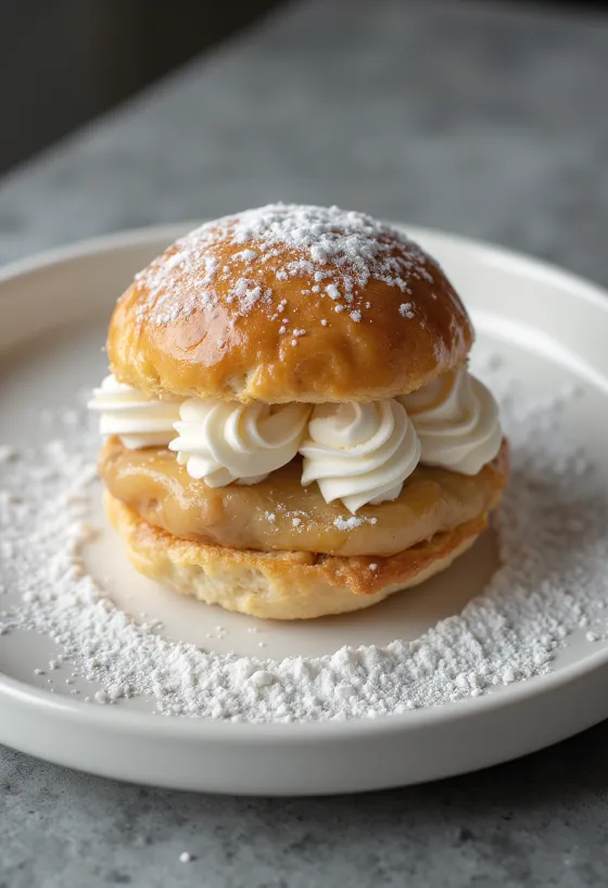 Semla marcipános változat, porcukorral megszórt tejszínes sütemény rusztikus tálalásban