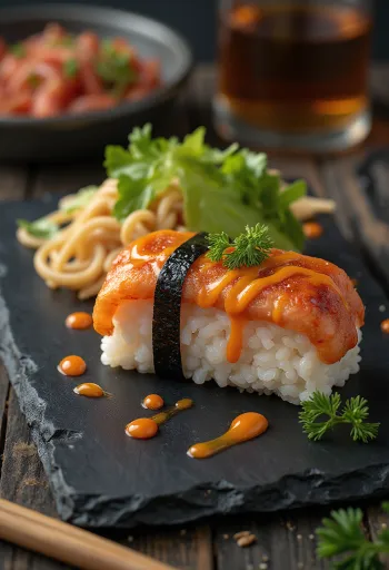 Spam musubi sriracha majonézzel, rizsből és nori algából készült hawaii étel.