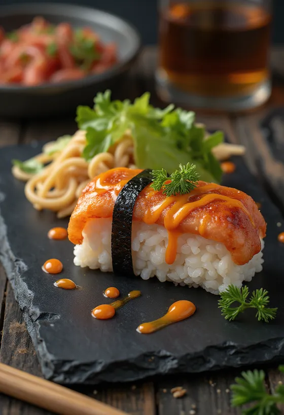 Spam musubi sriracha majonézzel, rizsből és nori algából készült hawaii étel.