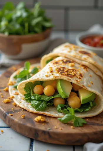 Spenótos wrap csicseriborsóval, avokádóval és friss zöldségekkel tálalva