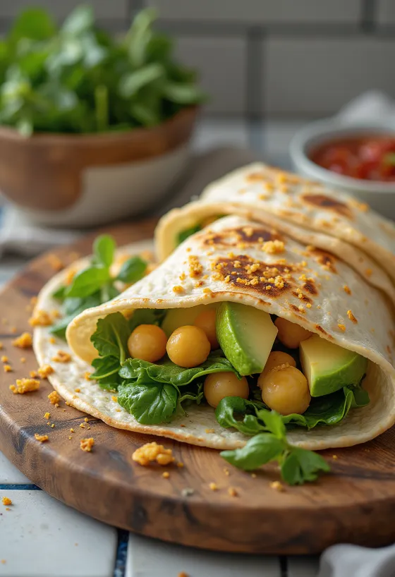 Spenótos wrap csicseriborsóval, avokádóval és friss zöldségekkel tálalva