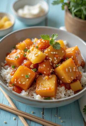 Sült tofu édes-savanyú mártással, paprikával és ananásszal