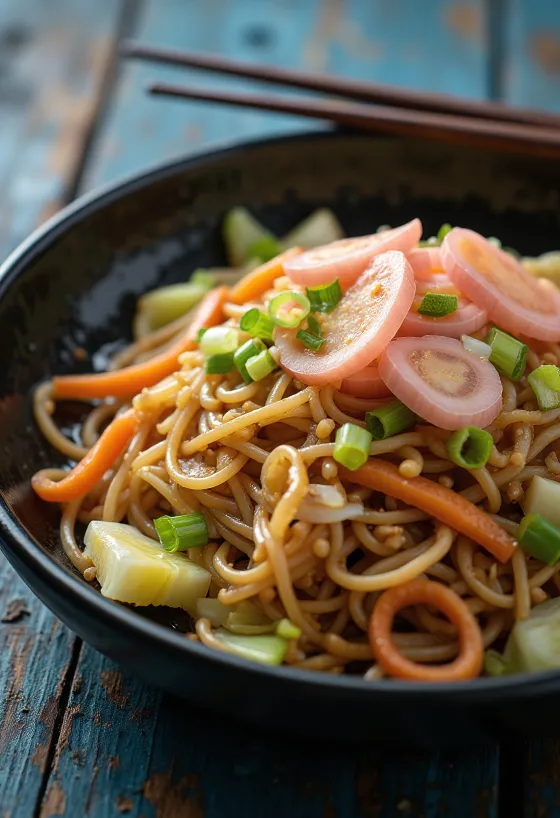 Yakisoba zöldségekkel, pirított tészta színes zöldségekkel tálalva