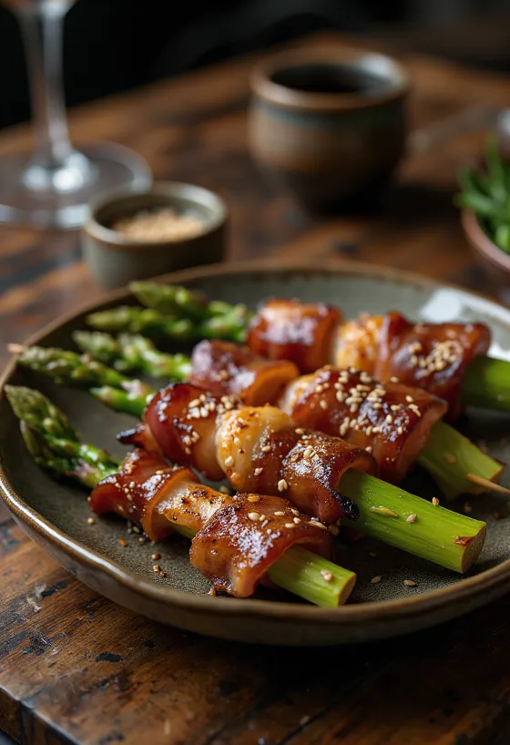 Asparagus bacon yakitori pálcikán, szezámmaggal és friss zöldhagymával tálalva