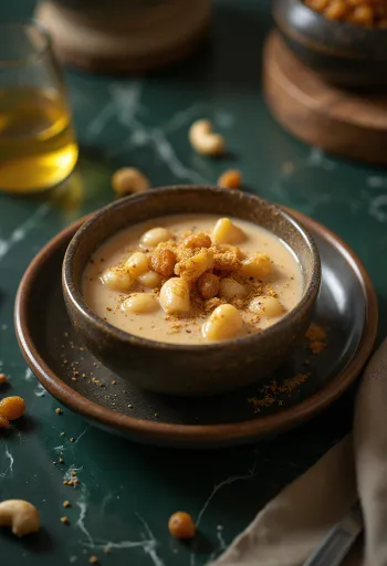Broken wheat payasam kókusztejjel és fűszerekkel, gazdag indiai desszert