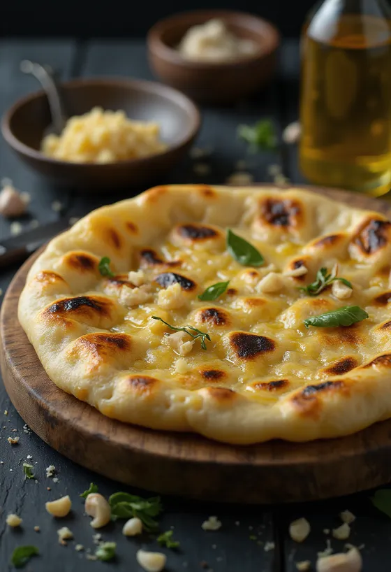 Chapati fokhagymás vajjal, frissen sütve, tálalva