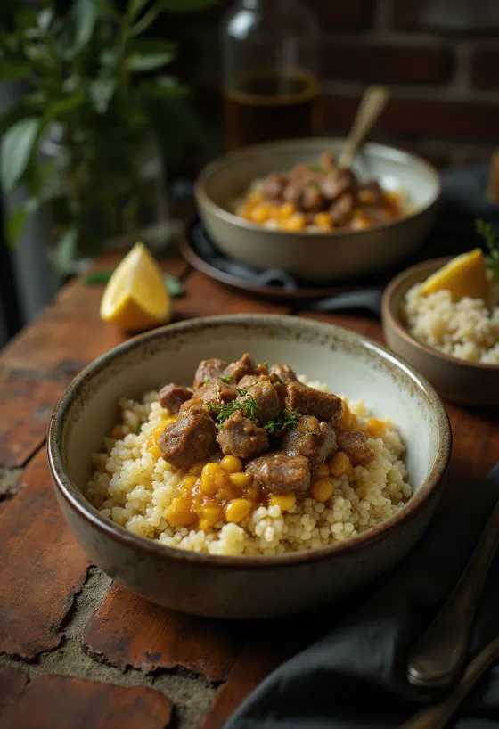 Klasszikus couscous bárányhússal, gazdag fűszerekkel tálalva, friss korianderrel