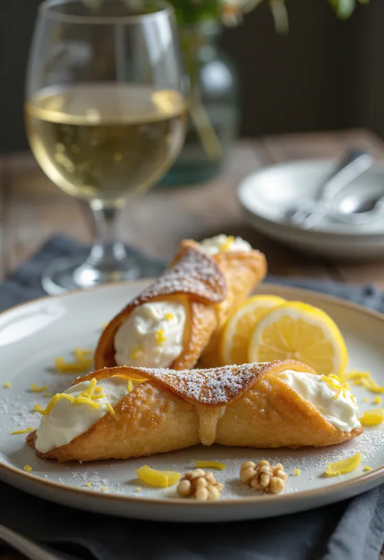 Diós-vaníliás cannoli tálalva