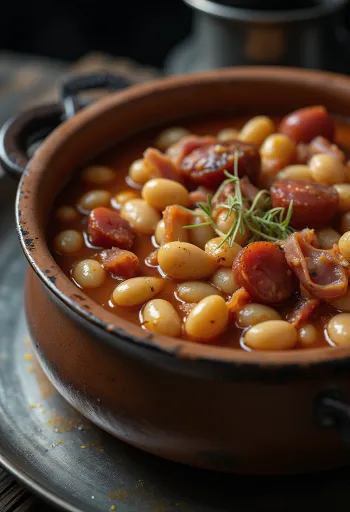Fabada asturiana, fehérbab, chorizo és morcilla a tányérban