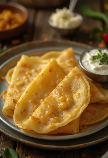 Ghee dosa frissen, ropogósra sütve, fűszeres töltelékkel tálalva