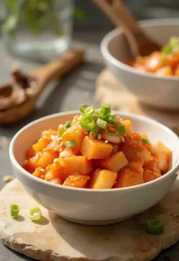 Kkakdugi - kockázott retek kimchi tálalva