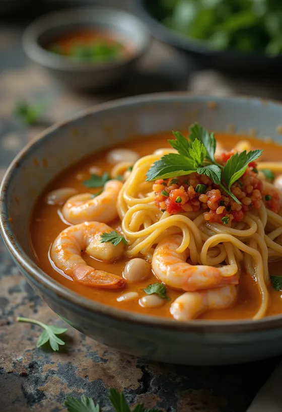 Klasszikus laksa, fűszeres kókusz alapú leves csirke, tészta és friss zöldségekkel tálalva.