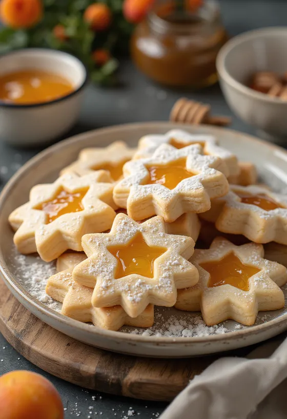 Mézes linzer porcukorral szórva, lekvárral töltve