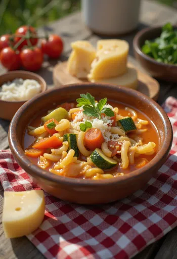 Minestrone klasszikus változat, színes zöldségekkel és tésztával tálalva