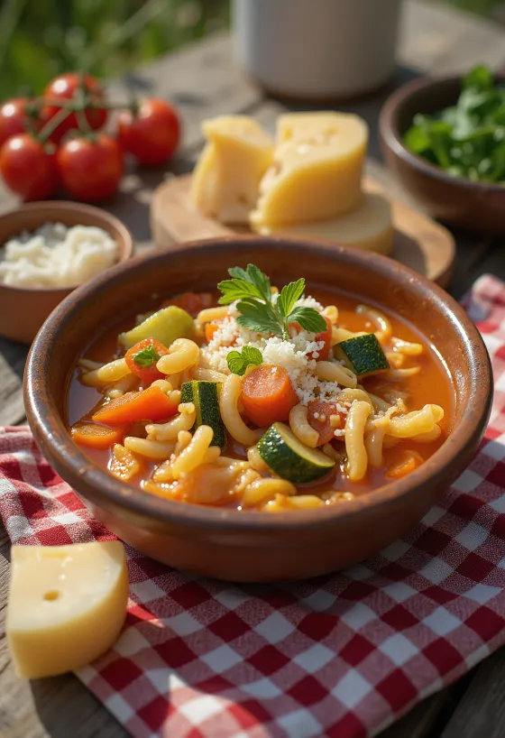 Minestrone klasszikus változat, színes zöldségekkel és tésztával tálalva