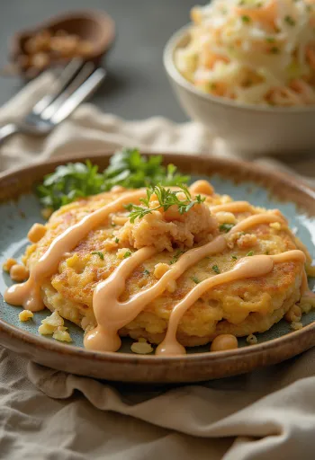 Okonomiyaki csicseriborsóval, egyenletesen sütve, friss káposztával és csicseriborsóval tálalva