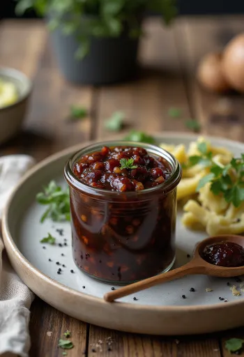 Onion chutney, friss korianderrel díszítve, fűszeres hagyma szósz