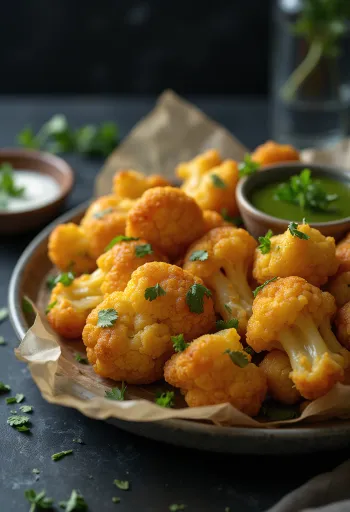 Pakora karfiollal, ropogós és fűszeres tálalás