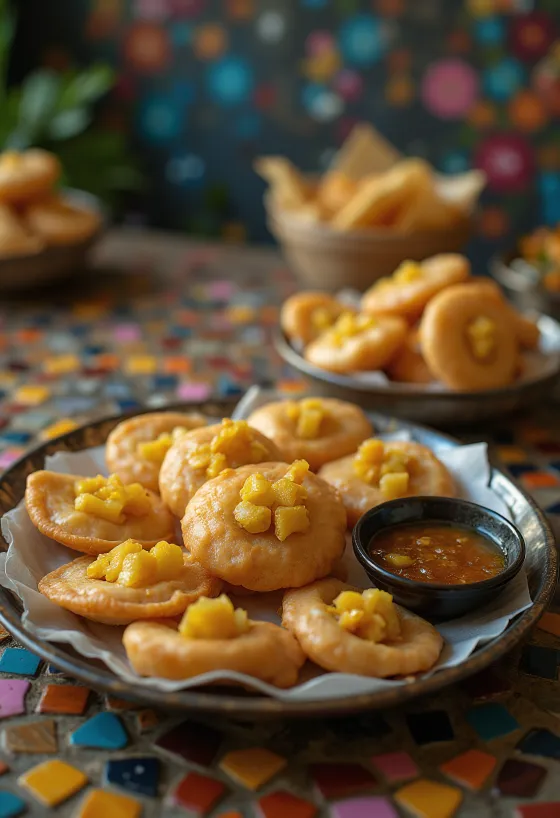 Pani puri tamarindos édes vízzel, tálalva friss korianderrel és mentával díszítve.
