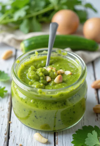 Pesto cukkínivel és parmezánnal, tálalva egy friss és zöld színű étel