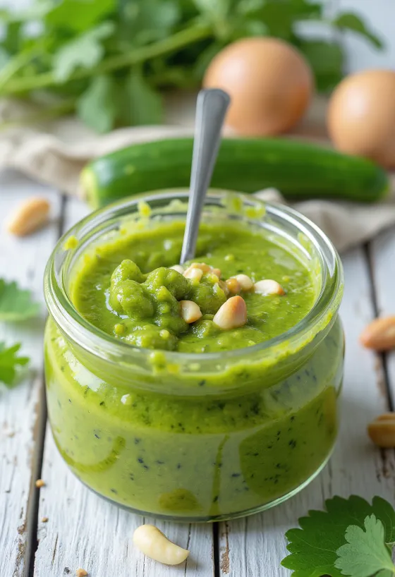 Pesto cukkínivel és parmezánnal, tálalva egy friss és zöld színű étel