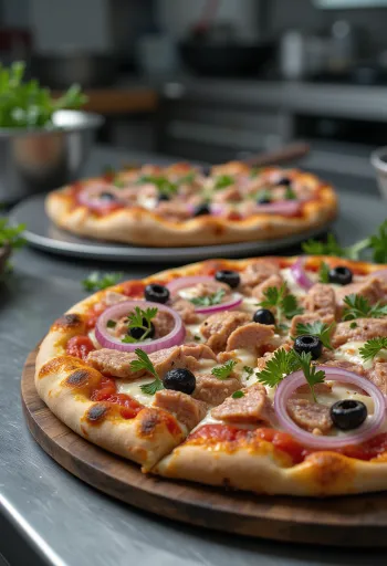 Tonhalas-hagymás pizza mozzarellával és parmezánnal