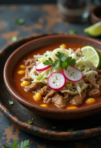 Pozole mexikói húsos leves tálalva