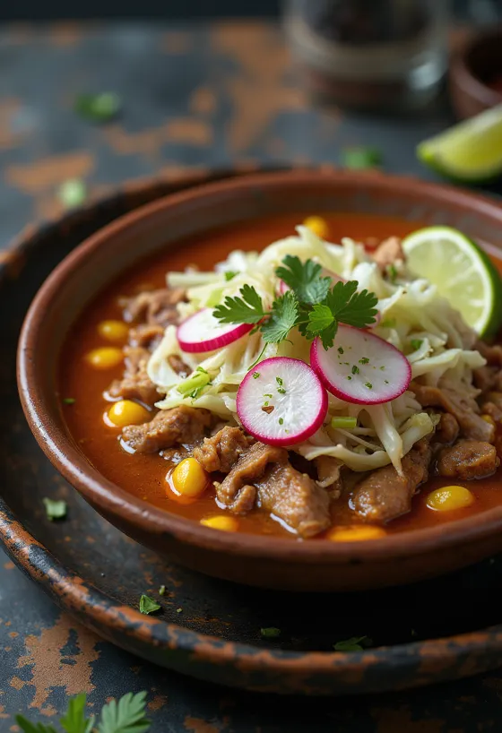 Pozole mexikói húsos leves tálalva