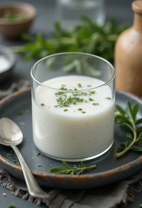 Probiotikus Tárkonyos kefir tálalva egy pohárban, friss tárkony ágakkal