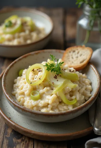 Krémes rizottó friss póréhagymával, reszelt parmezánnal tálalva egy tányéron