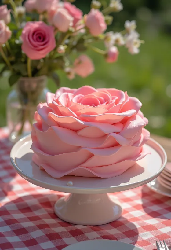 Rózsa alakú torta rózsaszín és zöld fondant díszítéssel